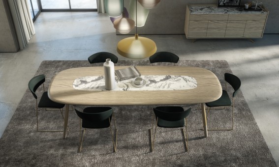 Illustré en Chêne brut 405, marbre White Cherokee 821 et acier laqué Laiton 690 Illustré en Chêne brut 405, marbre White Cherokee 821 et acier laqué Laiton 690