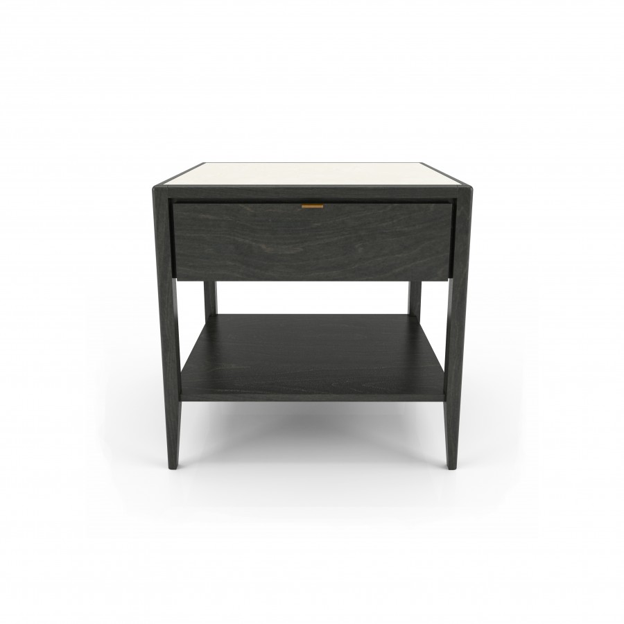 Shown in blackened birch #23 and cream glass top #321 1 drawer night table