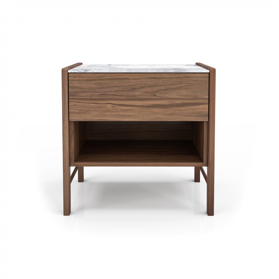 Shown in natural light walnut #500 et white Cherokee marble 1 drawer nighstand