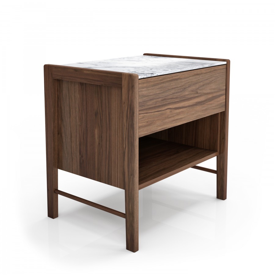 Shown in natural light walnut #500 et white Cherokee marble 1 drawer nighstand