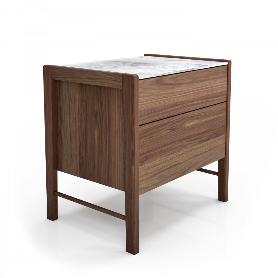 Shown in natural light walnut #500 et white Cherokee marble 2 drawer nightstand