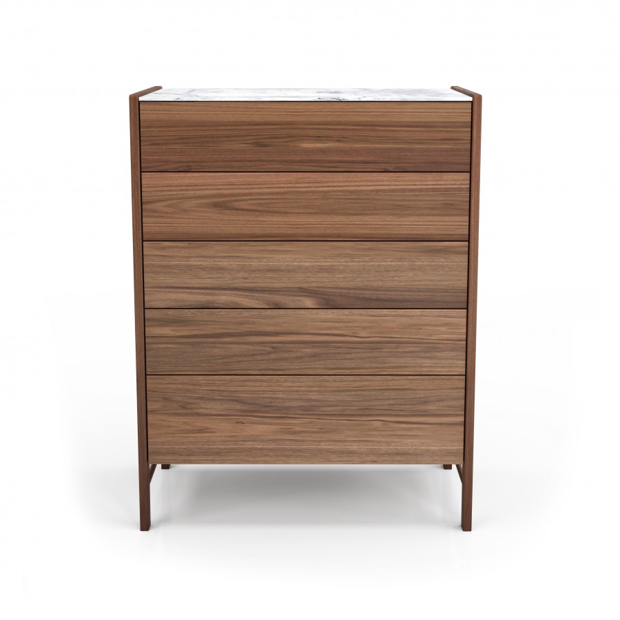 Shown in natural light walnut #500 et white Cherokee marble 5 drawer chest