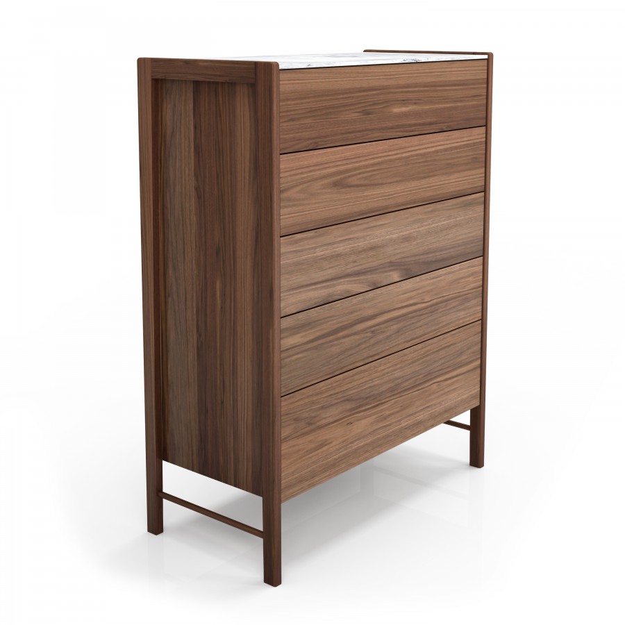 Shown in natural light walnut #500 et white Cherokee marble 5 drawer chest