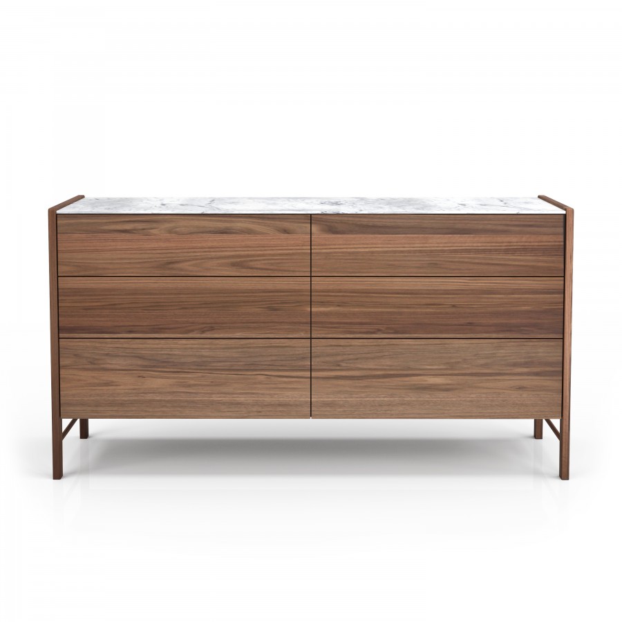 Shown in natural light walnut #500 et white Cherokee marble 6 drawer dresser