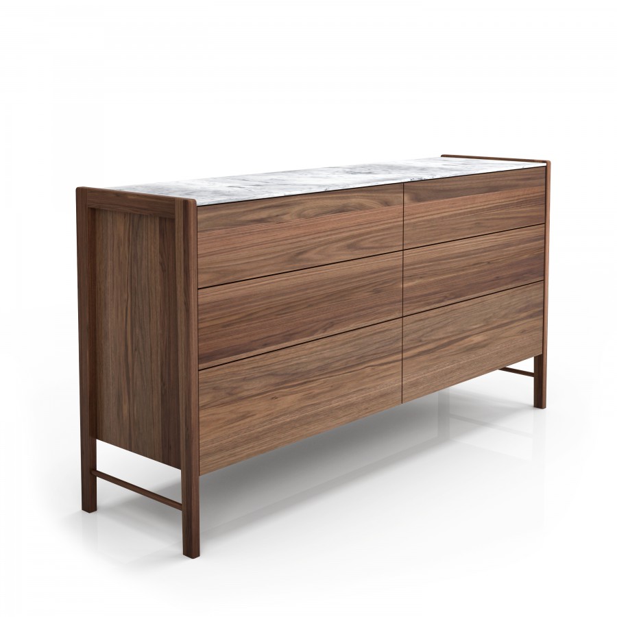 Shown in natural light walnut #500 et white Cherokee marble 6 drawer dresser