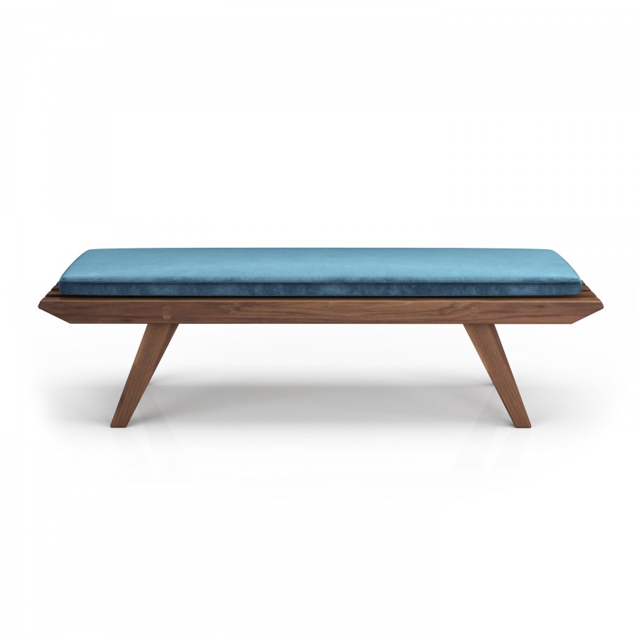 Shown in natural light walnut #500 and Velluto fabric Bench with cushion