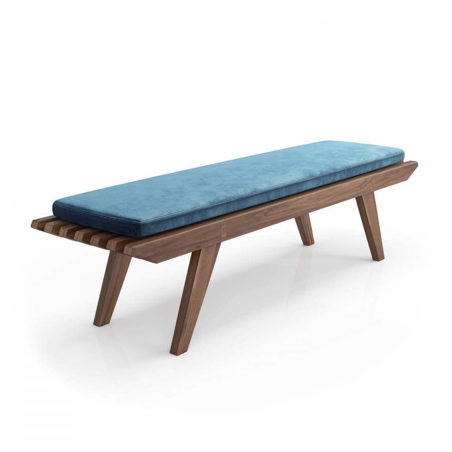 Shown in natural light walnut #500 and Velluto fabric Bench with cushion