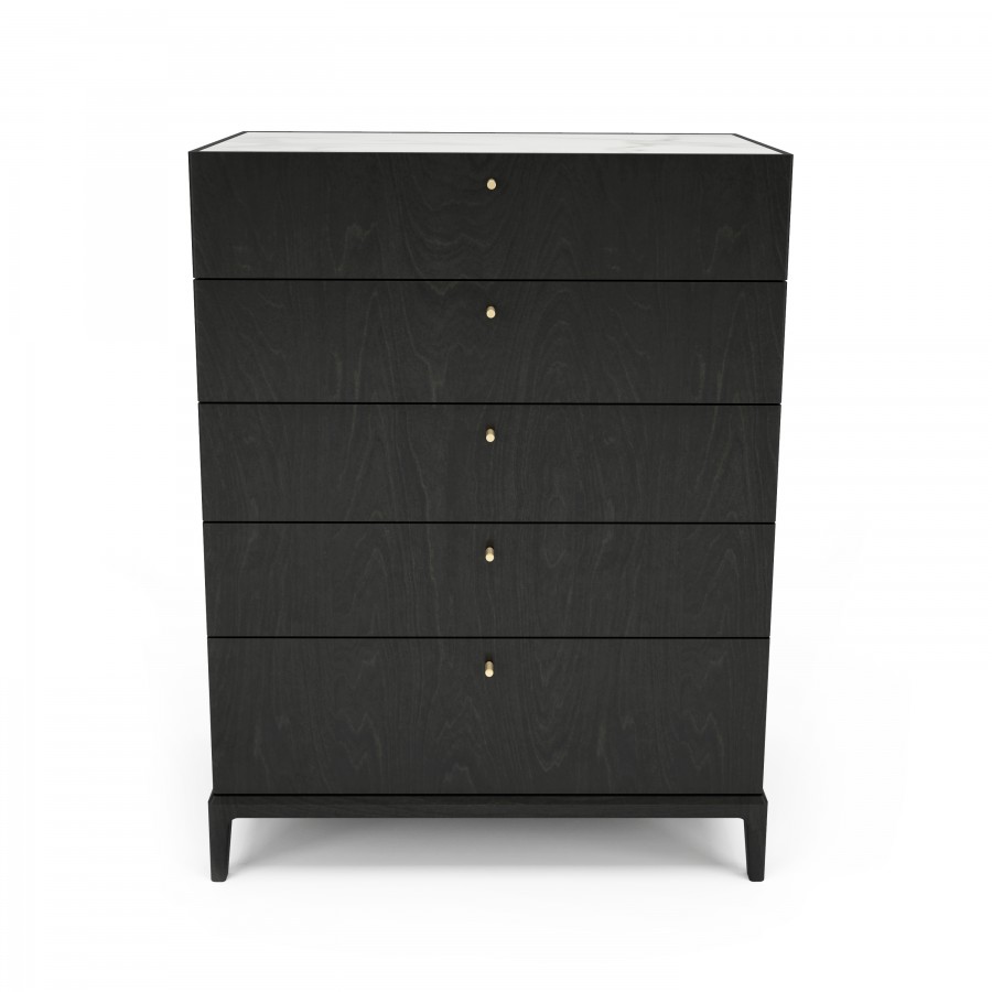 Shown in blackened birch #23, Calacatta ceramic top 5 drawer chest
