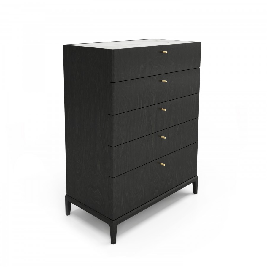 Shown in blackened birch #23, Calacatta ceramic top 5 drawer chest