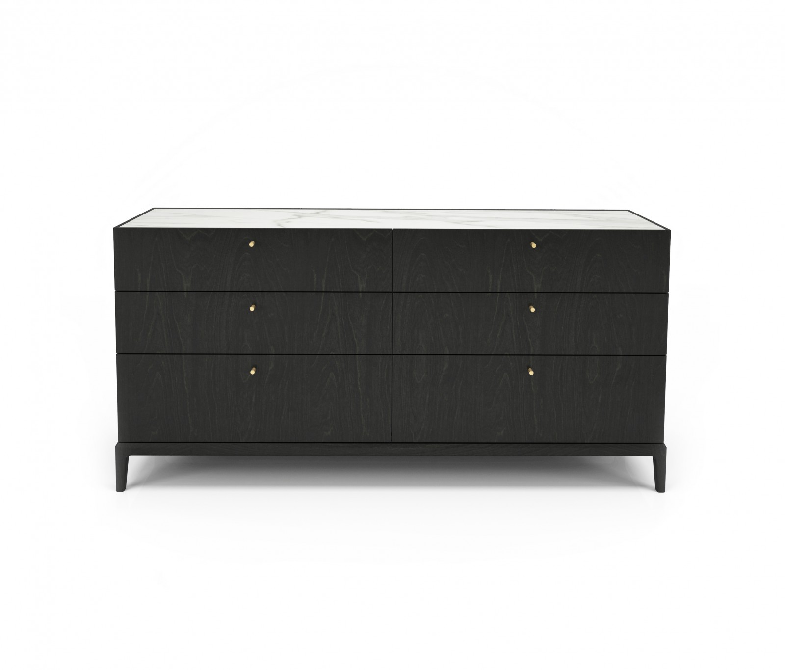 Shown in blackened birch #23, Calacatta ceramic top 6 drawer dresser