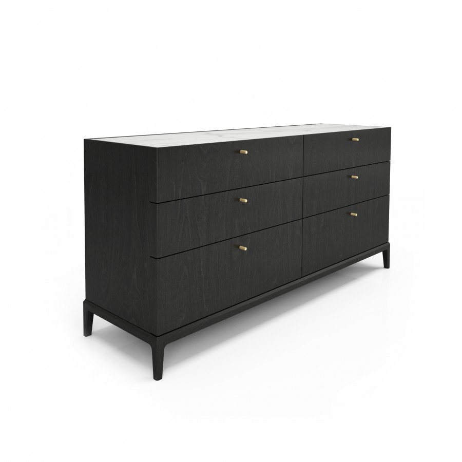 Shown in blackened birch #23, Calacatta ceramic top 6 drawer dresser
