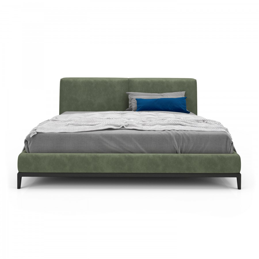 Shown in Velvety fabric VY032 and blackened birch #23 UPHOLSTERED BED, QUEEN / KING