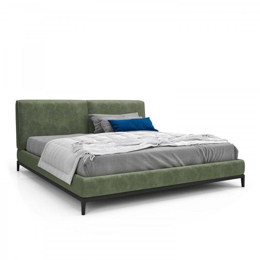 Shown in Velvety fabric VY032 and blackened birch #23 UPHOLSTERED BED, QUEEN / KING