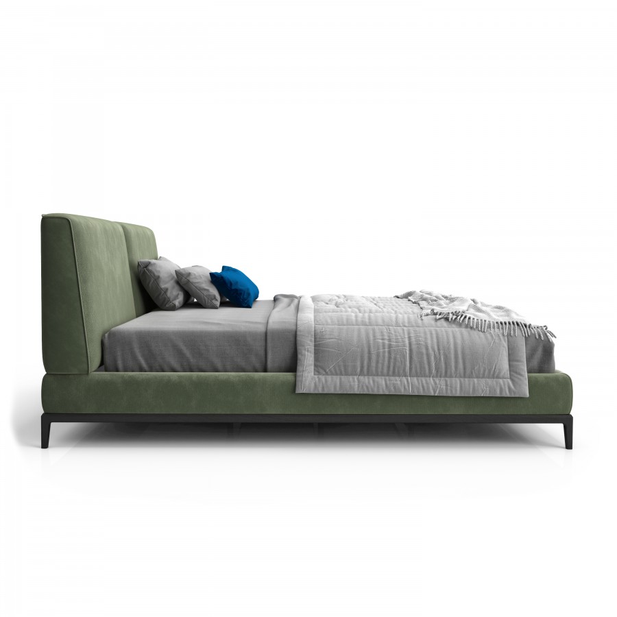 Shown in Velvety fabric VY032 and blackened birch #23 UPHOLSTERED BED, QUEEN / KING