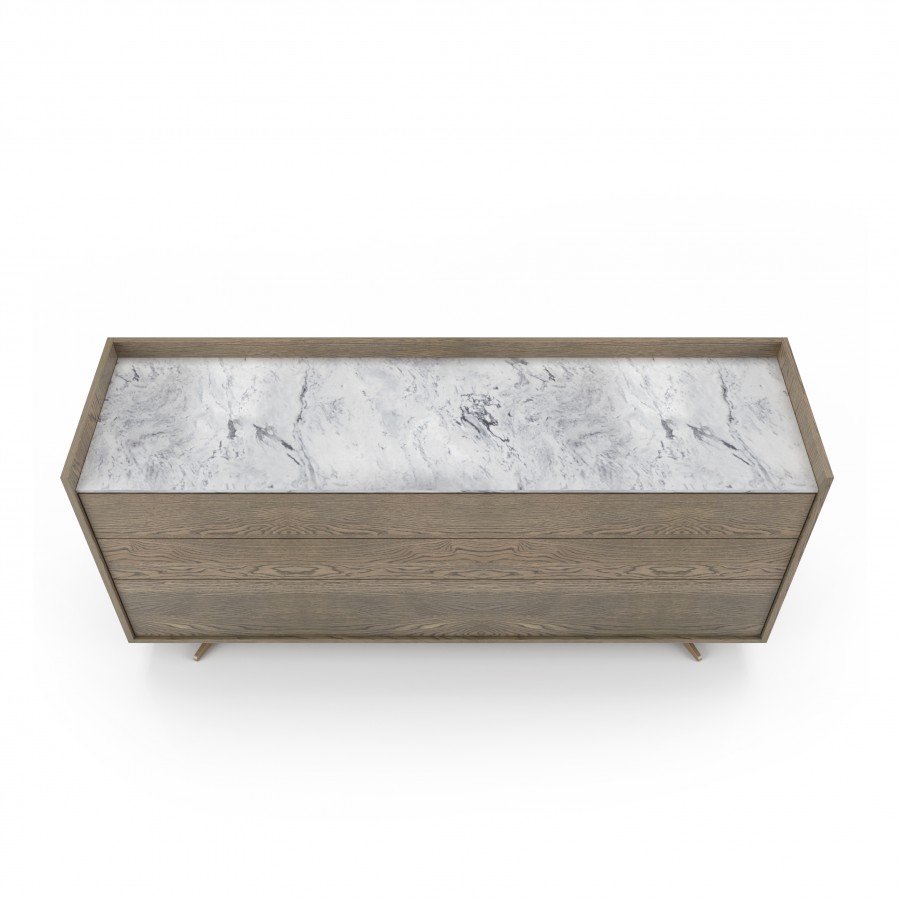 Shown in Raw Oak #405, White Cherokee marble 6 drawer dresser