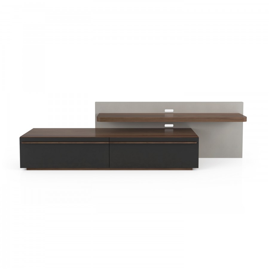 Shown in QS Walnut 500 & lacquer 331 Media base with shelf