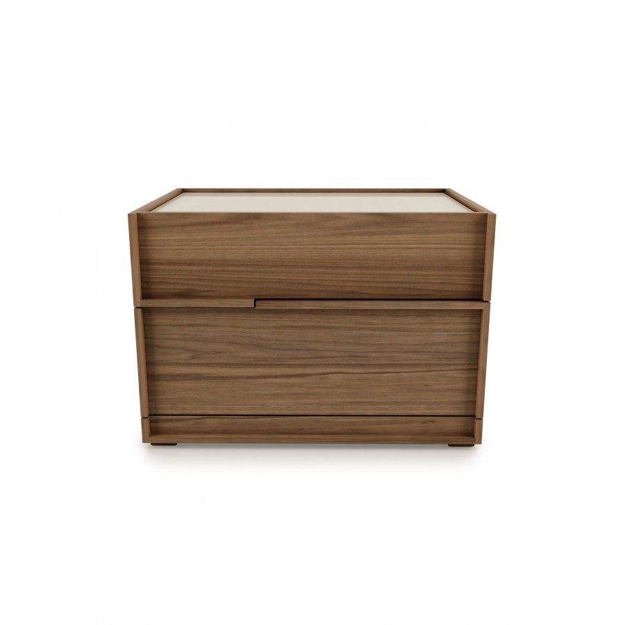 Shown in natural light walnut 500 and cream glass 321 2 drawer night table