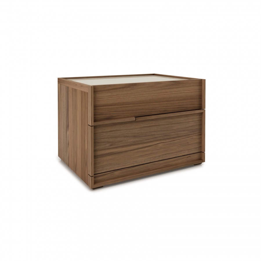 Shown in natural light walnut 500 and cream glass 321 2 drawer night table