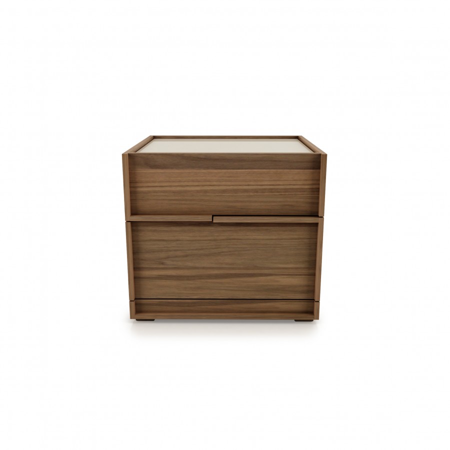 Shown in natural light walnut 500 and cream glass 321 2 drawer night table