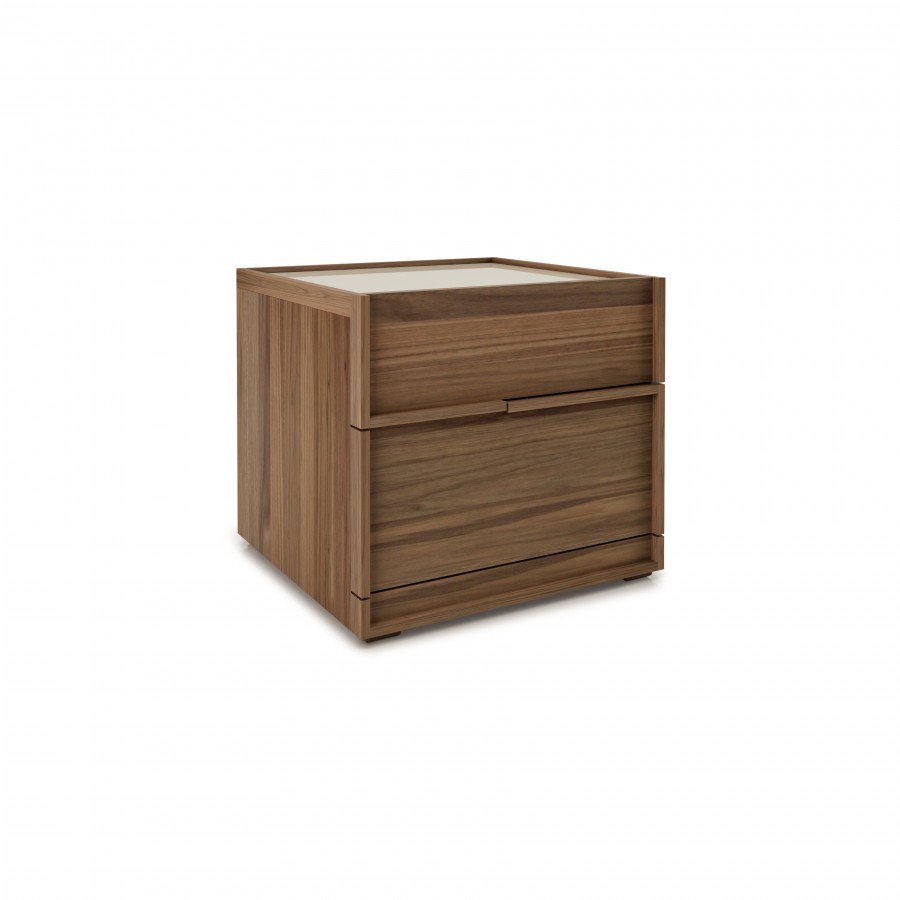 Shown in natural light walnut 500 and cream glass 321 2 drawer night table