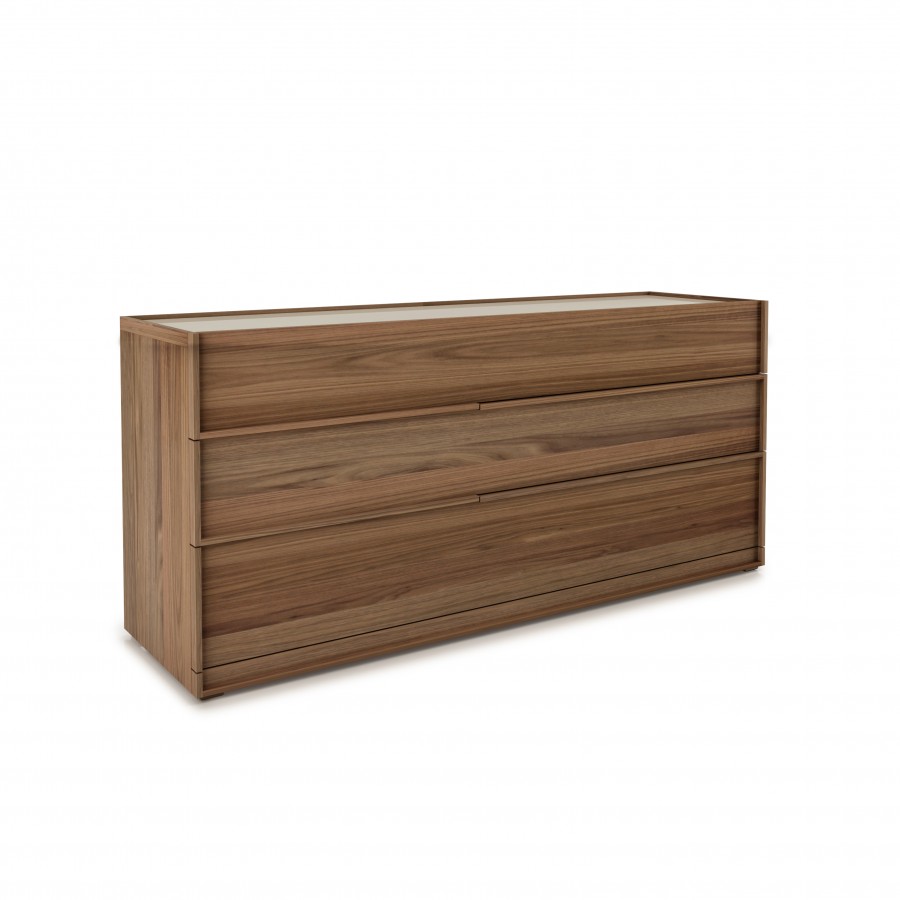 Shown in natural light walnut 500 and cream glass 321 6 drawer dresser