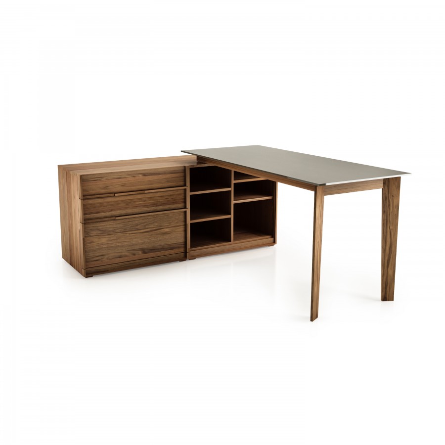 Shown in natural light walnut 500 and fog 352 work desk config. 1