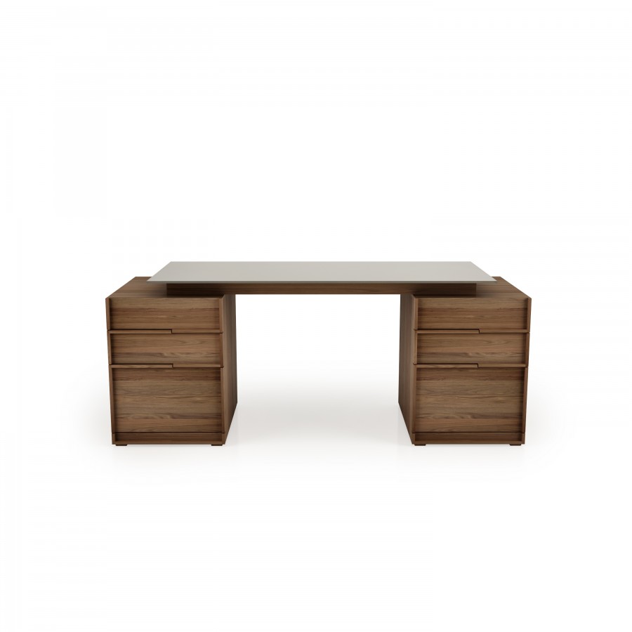 Shown in natural light walnut 500 and fog 352 work desk config. 2