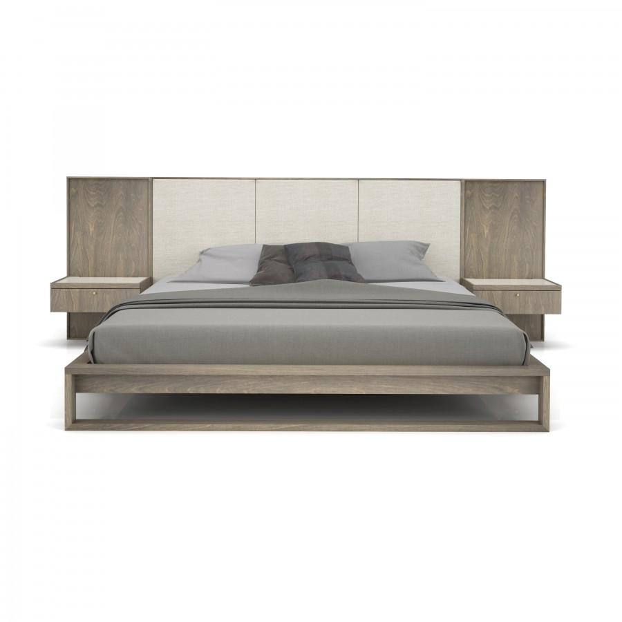 Shown in raw birch #05 and cream lacquered glass top. Fabric Matteo Queen / King bed