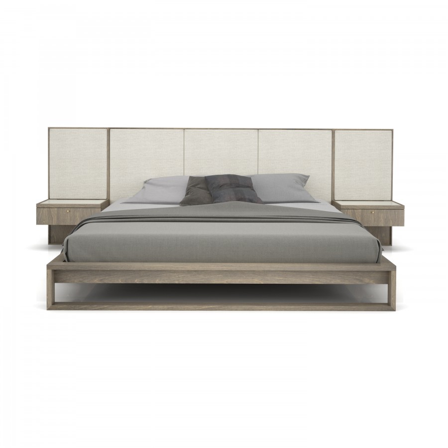 Shown in raw birch #05 and cream lacquered glass top. Fabric Matteo Queen / King bed
