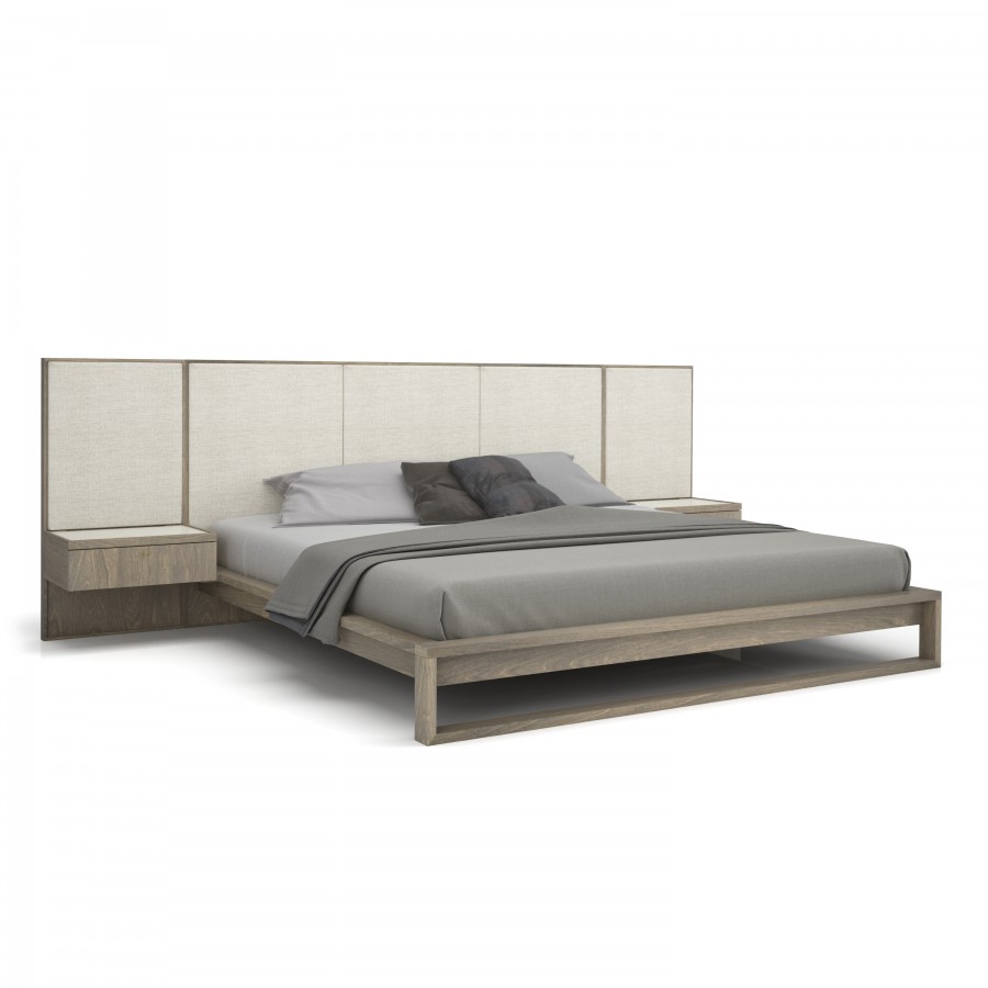 Shown in raw birch #05 and cream lacquered glass top. Fabric Matteo Queen / King bed
